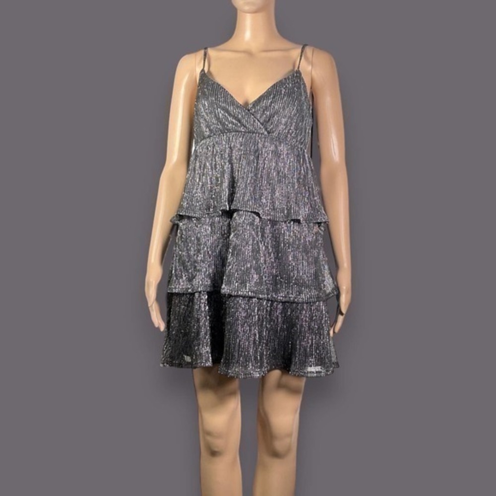 NWT Rewind Black Glittery Spaghetti Strap Tiered Mini Dress Sz Medium - "Ellen"